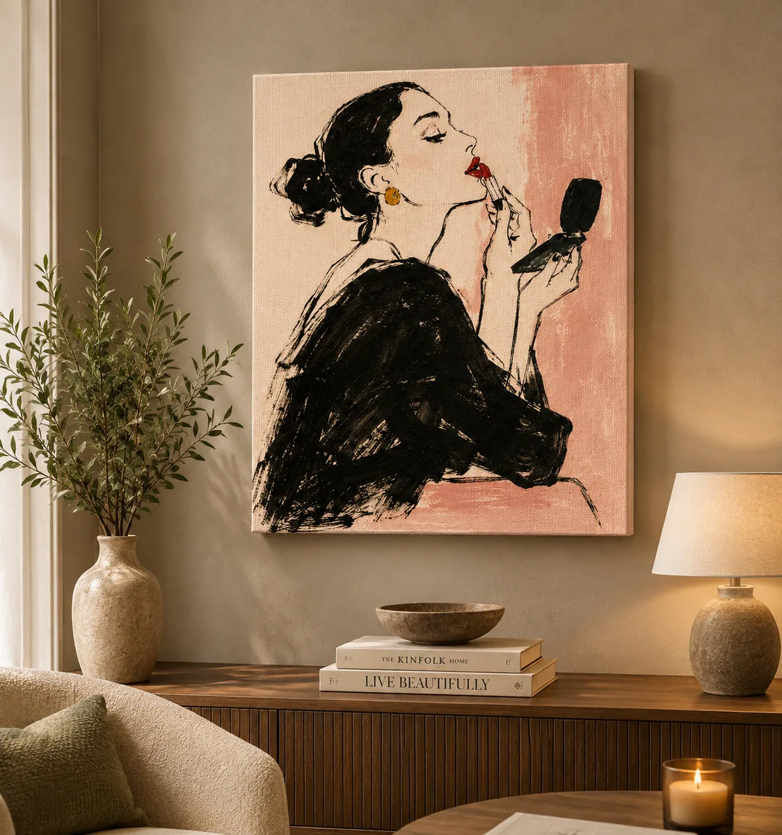 French Vanity Lipstick Fashion Canvas Art – Red & Blush Pink