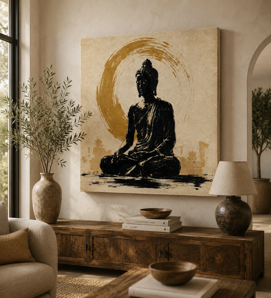 Golden Ensō Halo Meditating Buddha Canvas Art – Zen Spiritual Print