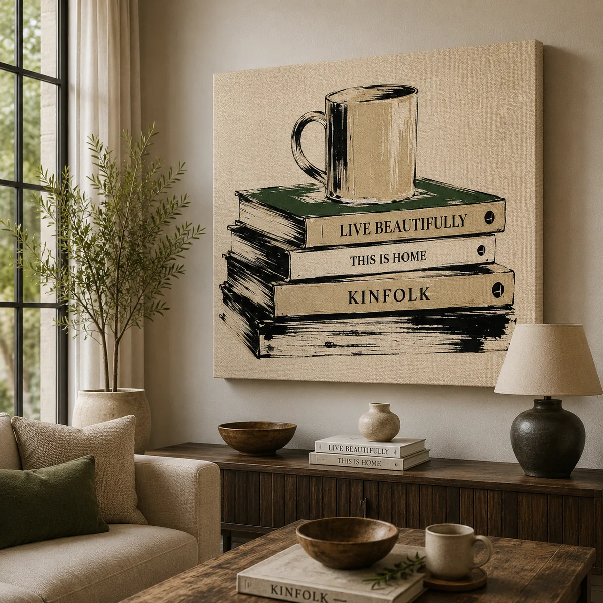 Cozy Morning Book Stack Canvas Art – Kinfolk & Coffee Lifestyle Print