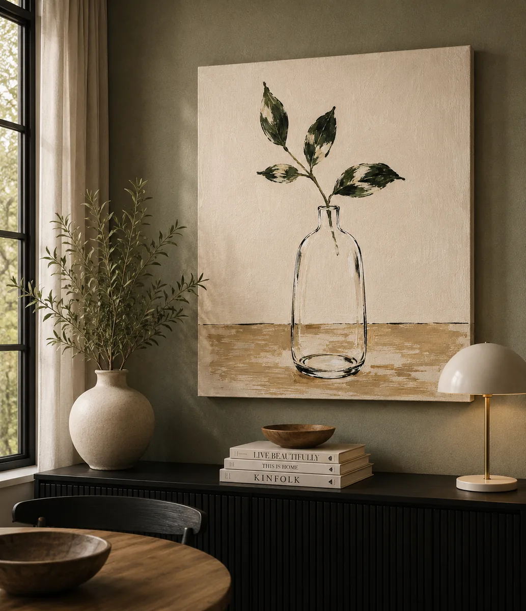 Minimalist Glass Vase & Botanical Branch Canvas Art – Organic Modern Print