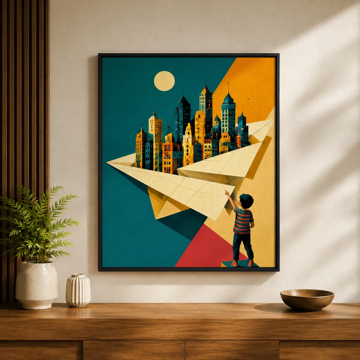 Retro Paper Airplane City Canvas Print - Surreal Cityscape & Paper Plane Wall Art