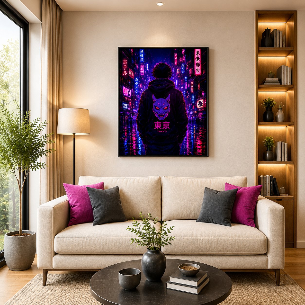 Cyberpunk Tokyo Street Wall Art – Oni Mask Neon City Canvas Print