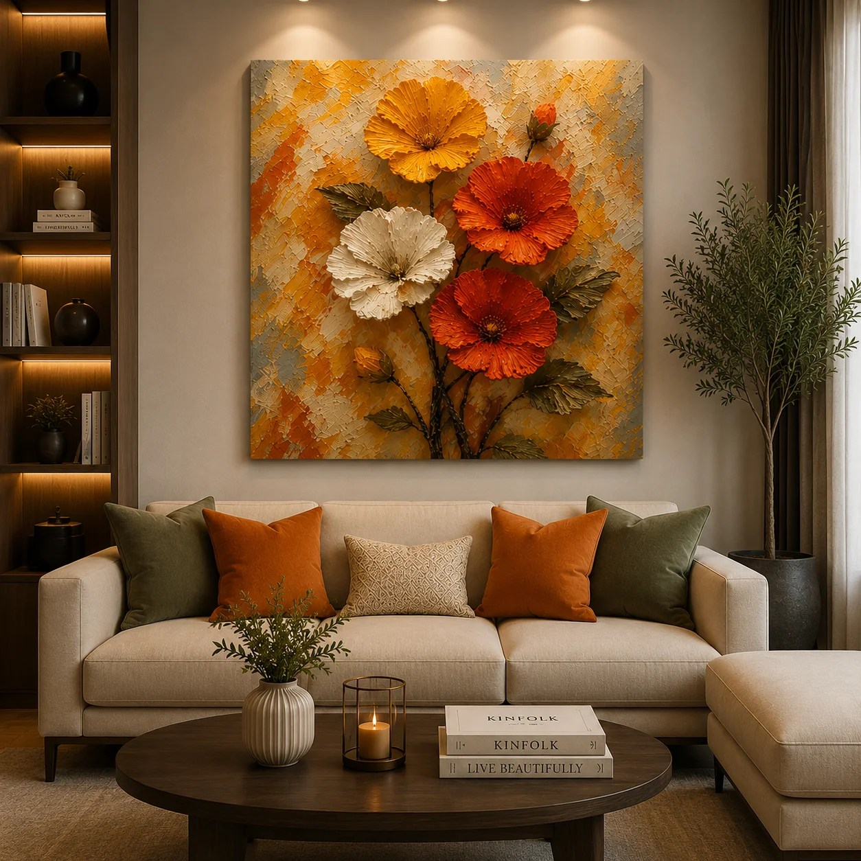 Sunset Harvest 3D Floral Canvas Print – Heavy Impasto Palette Knife Wildflower Wall Art