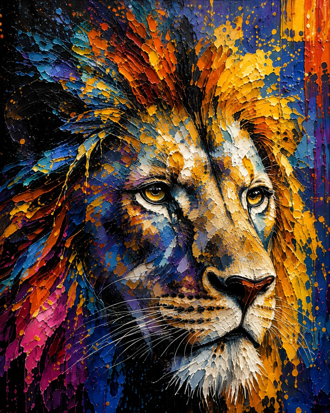 Abstract Lion Portrait Color Maximal Canvas Print - Retro Impasto Wildlife Wall Art - Image 3