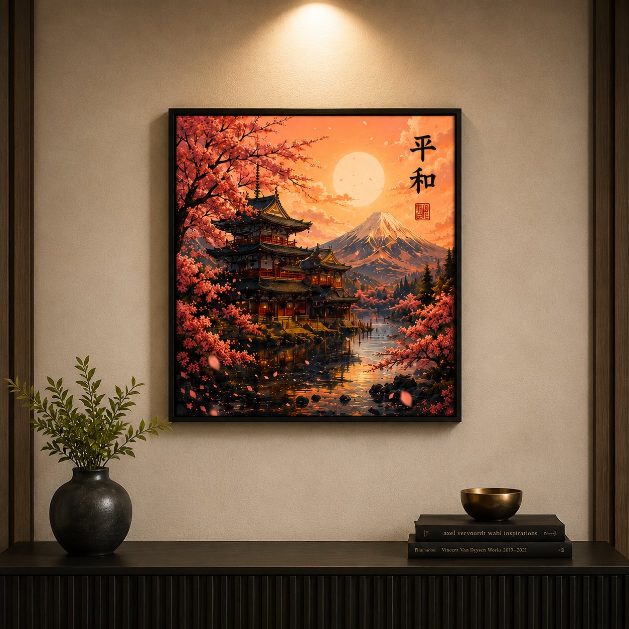 Mt. Fuji & Pagoda Japanese Sunset Canvas Art – Peaceful Cherry Blossom Wall Décor