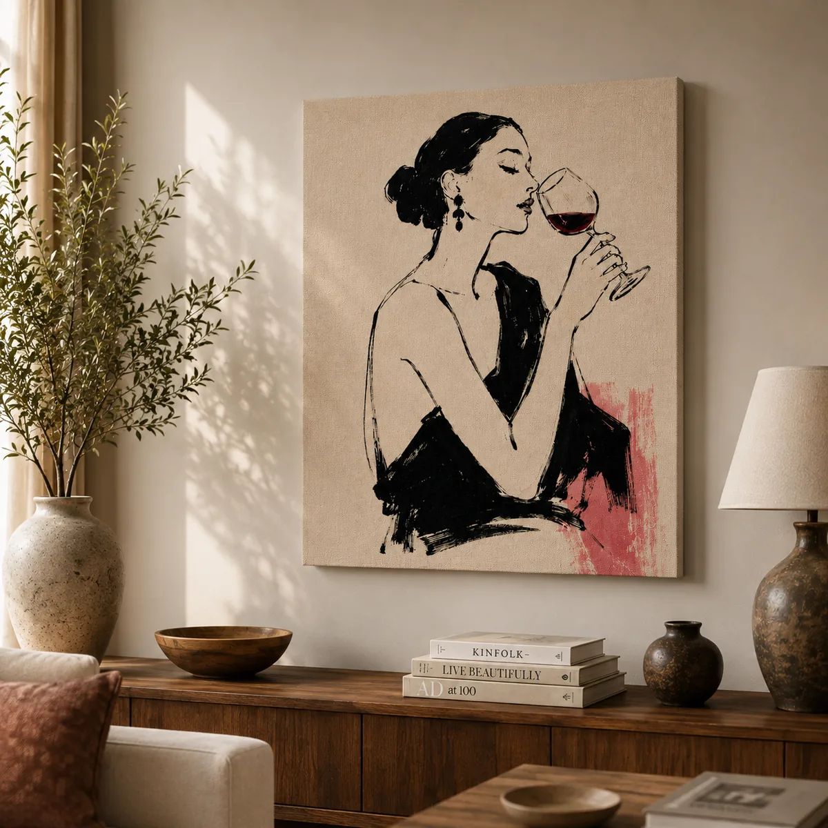 Parisian Evening Fashion Canvas Art – Red Wine & Blush Pink