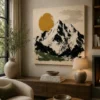 Minimalist Mountain & Golden Sun Canvas Art – Modern Brushstroke Landscape