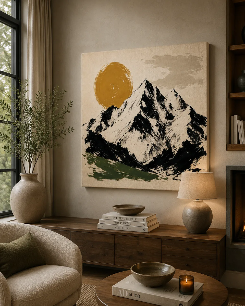 Minimalist Mountain & Golden Sun Canvas Art – Modern Brushstroke Landscape