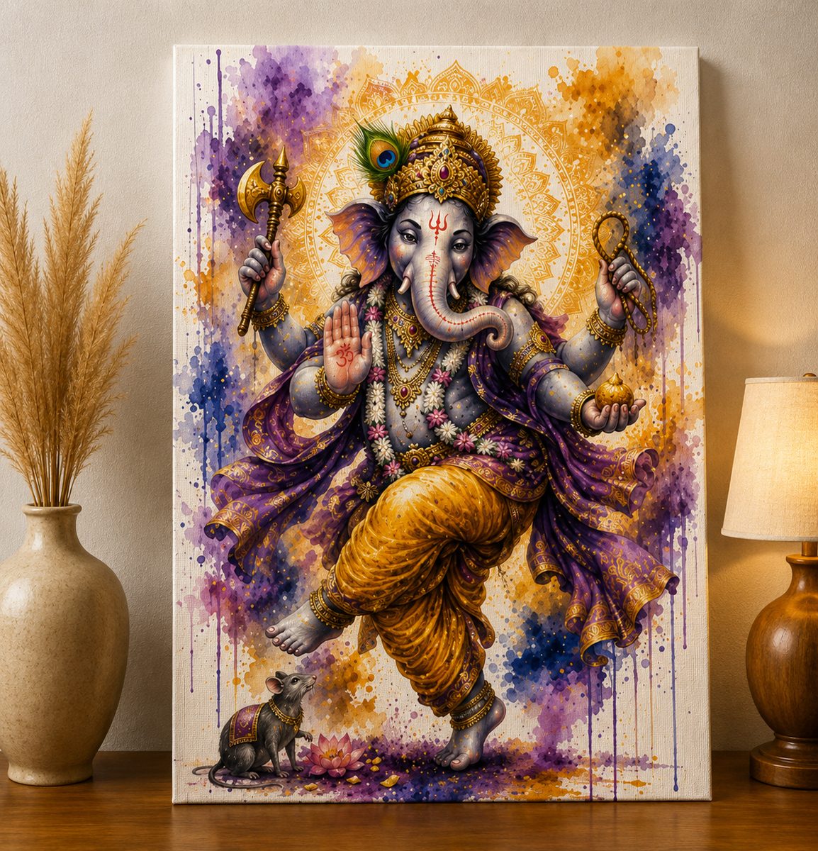 Dancing Lord Ganesha – Vibrant Watercolor Spiritual Art Print