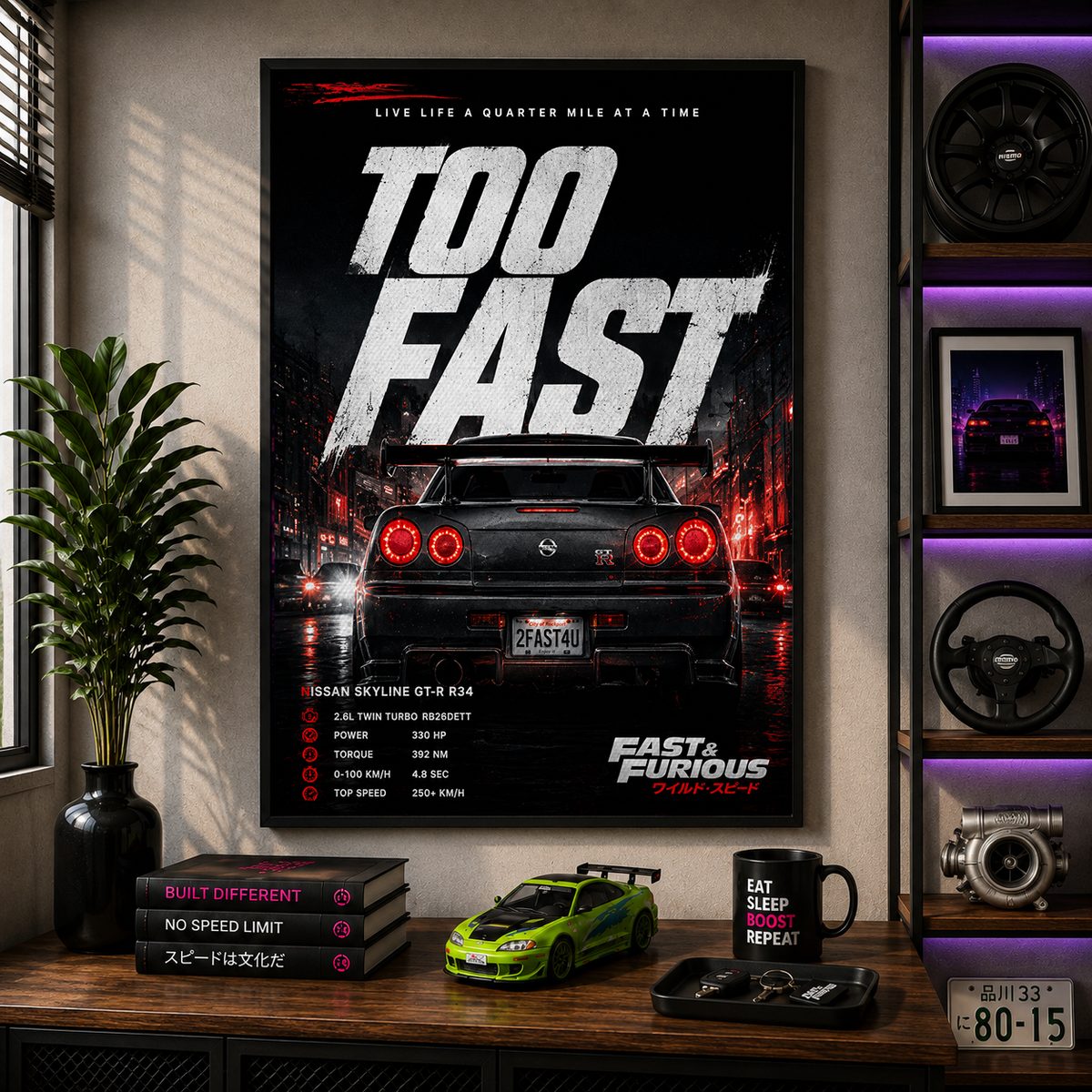 JDM Nissan Skyline GT-R R34 Canvas Poster – Too Fast Fast & Furious Car Wall Art