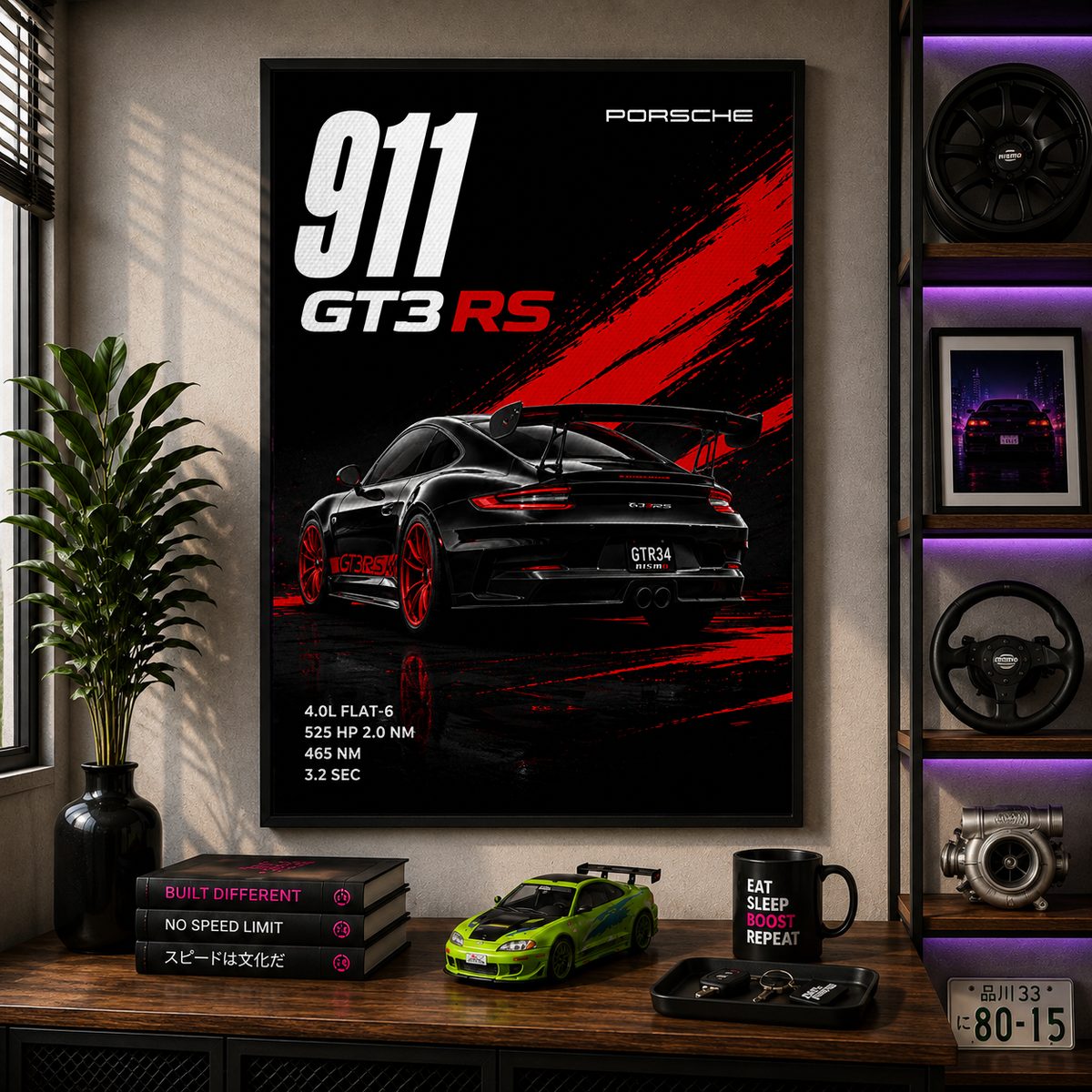 Porsche 911 GT3 RS Racing Canvas Poster – High-Performance Supercar Spec Wall Art