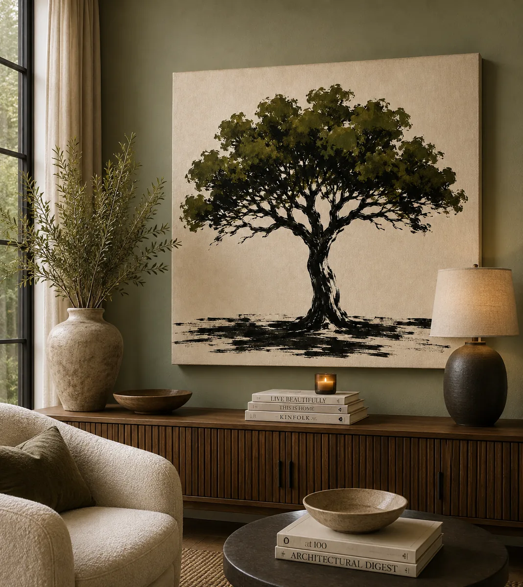 Minimalist Oak Tree Canvas Art – Modern Zen Brushstroke Landscape Print