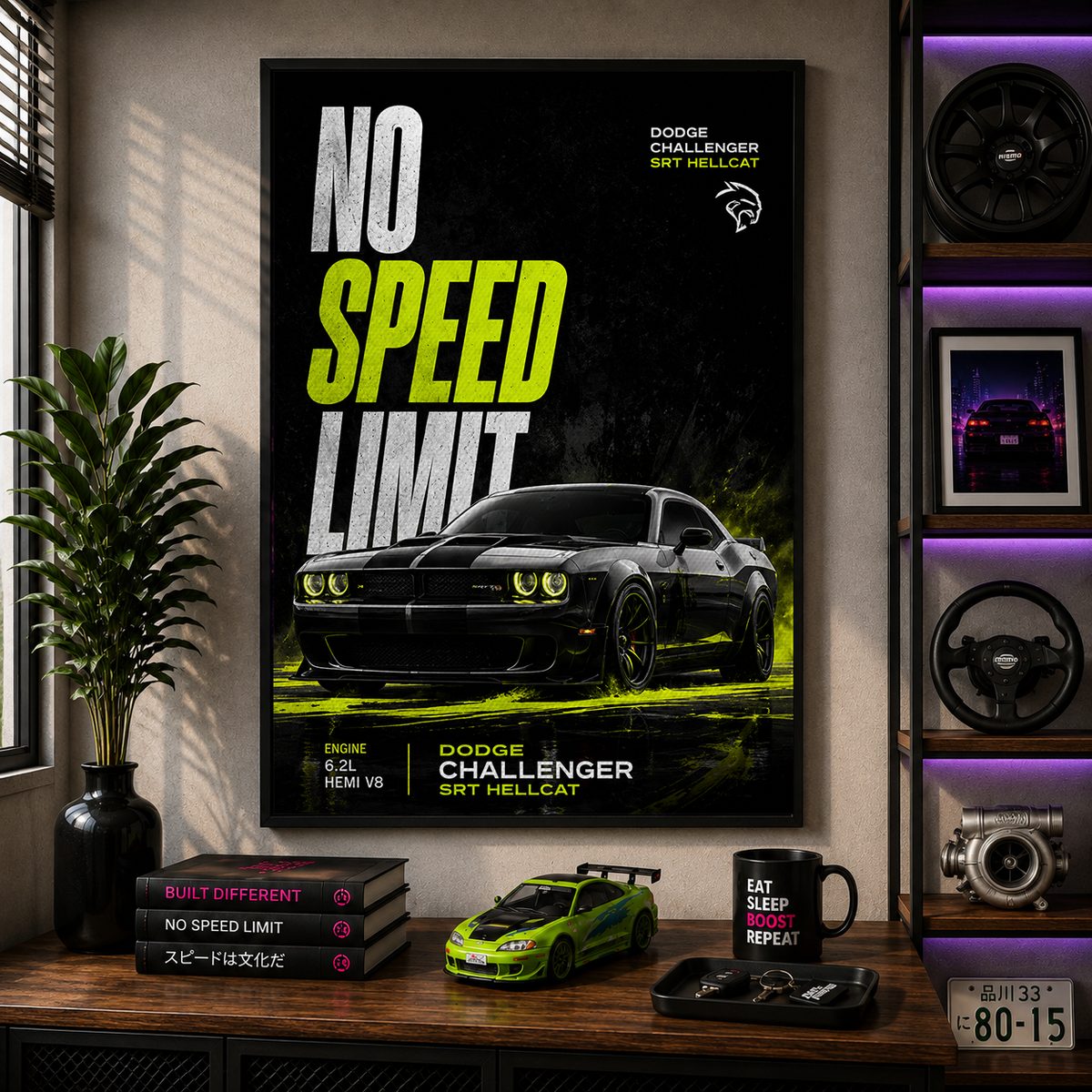 Dodge Challenger SRT Hellcat Canvas Poster – No Speed Limit American Muscle Car Wall Art