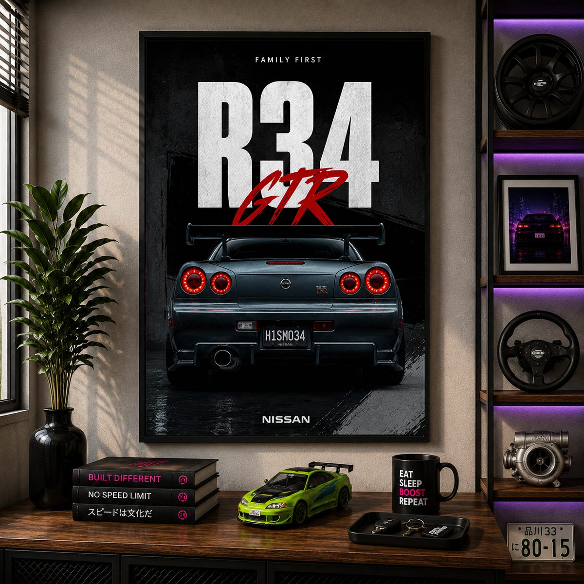 JDM Nissan Skyline GT-R R34 Canvas Poster – Family First Fast & Furious Street Racing Wall Art