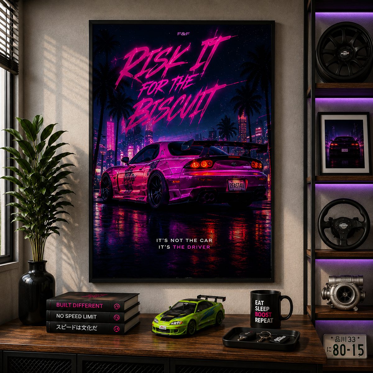 JDM Mazda RX-7 Canvas Poster – Risk It For The Biscuit Cyberpunk Street Racing Wall Art