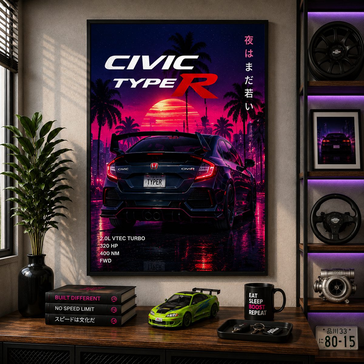 JDM Honda Civic Type R Canvas Poster – Synthwave Sunset Japanese Hot Hatch Wall Art