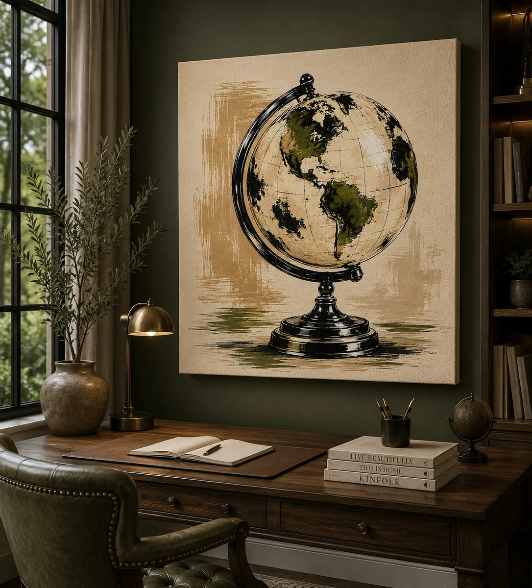 Vintage Globe & Map Canvas Print – Modern Retro Brushstroke Art