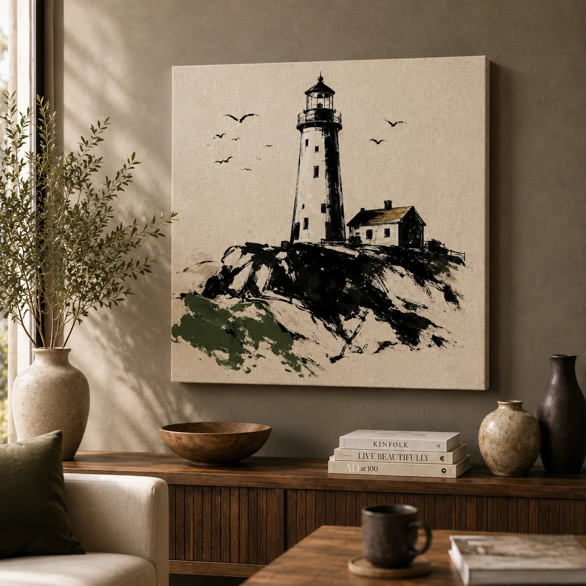 Coastal Lighthouse Sketch Canvas Art – Nautical Sage & Ink