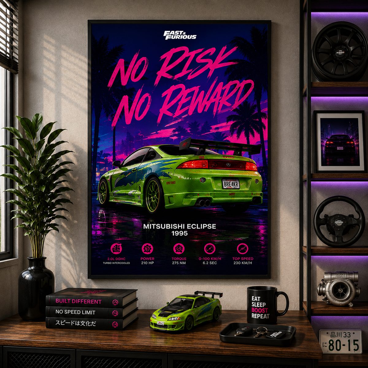 JDM Mitsubishi Eclipse 1995 Canvas Poster – No Risk No Reward Fast & Furious Street Racing Wall Art