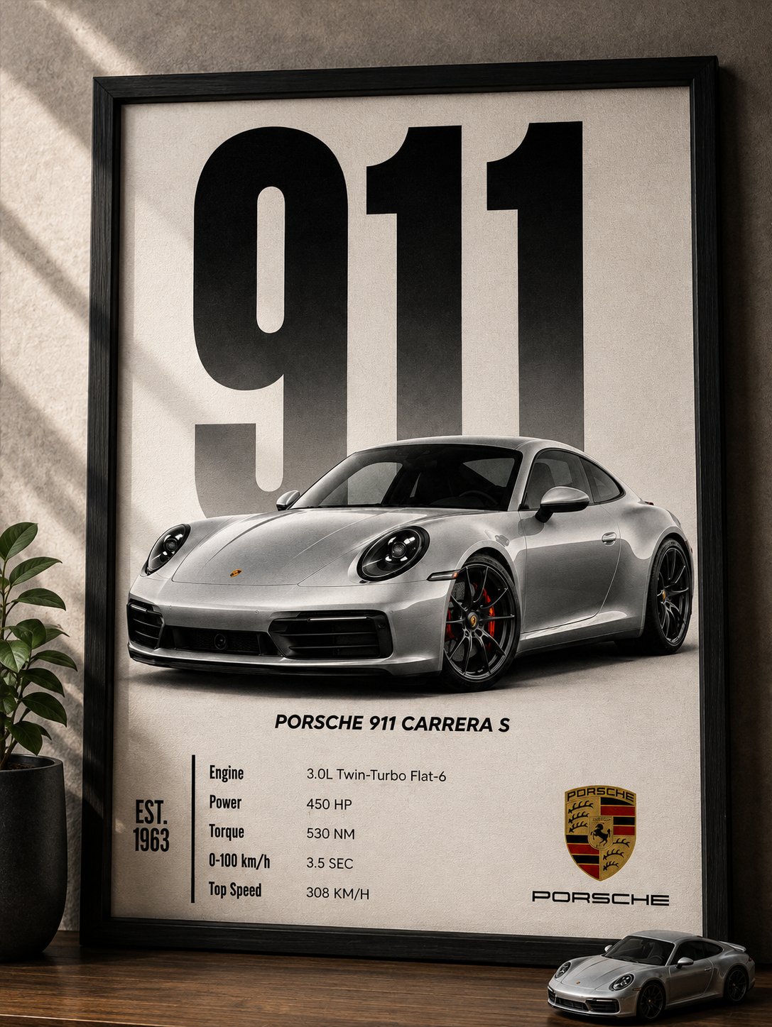 Porsche 911 Carrera S Canvas Poster – German Luxury Supercar Spec Wall Art, Est. 1963 Edition