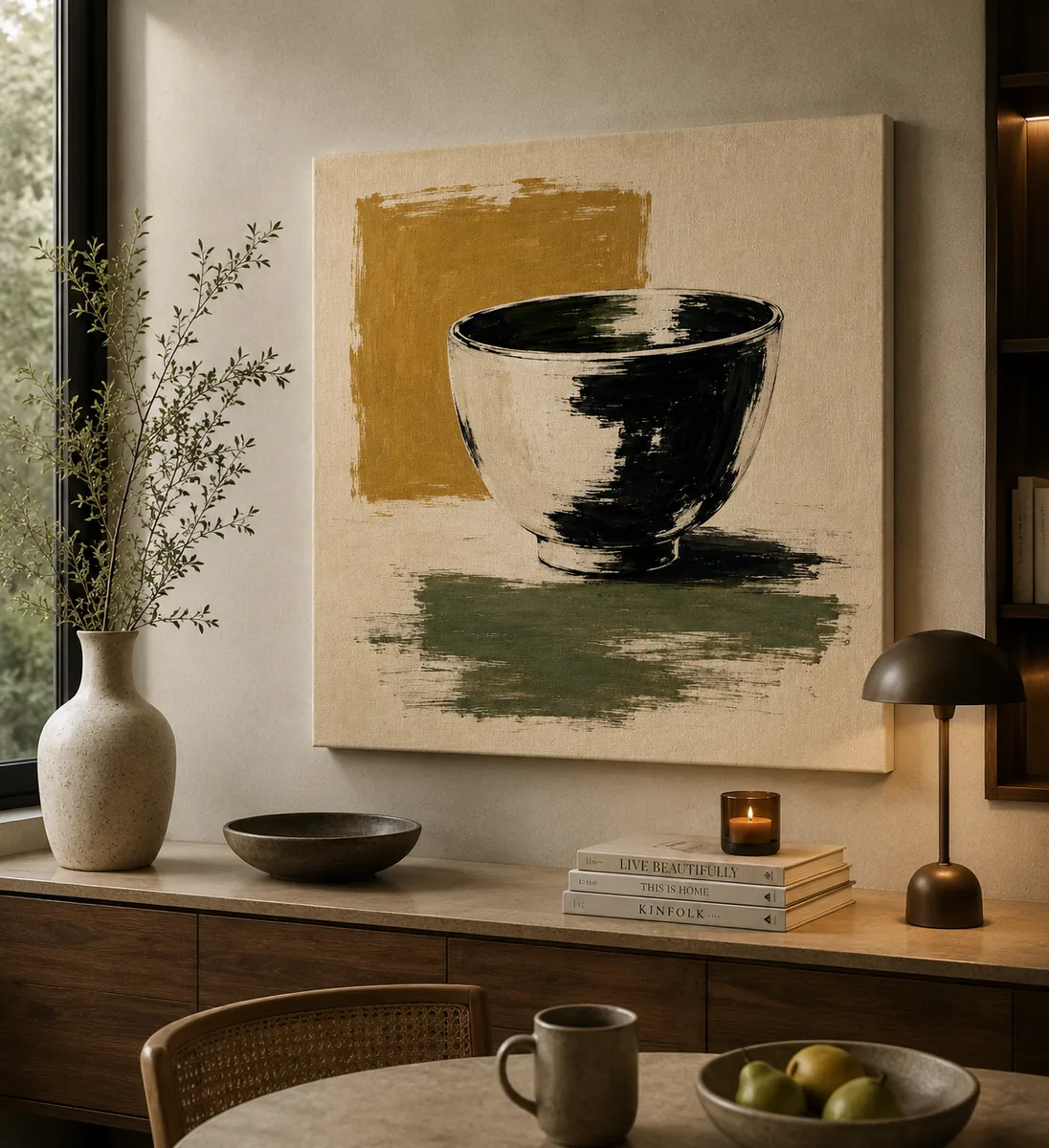 Minimalist Ceramic Bowl Abstract Art – Modern Japandi Brushstroke Print