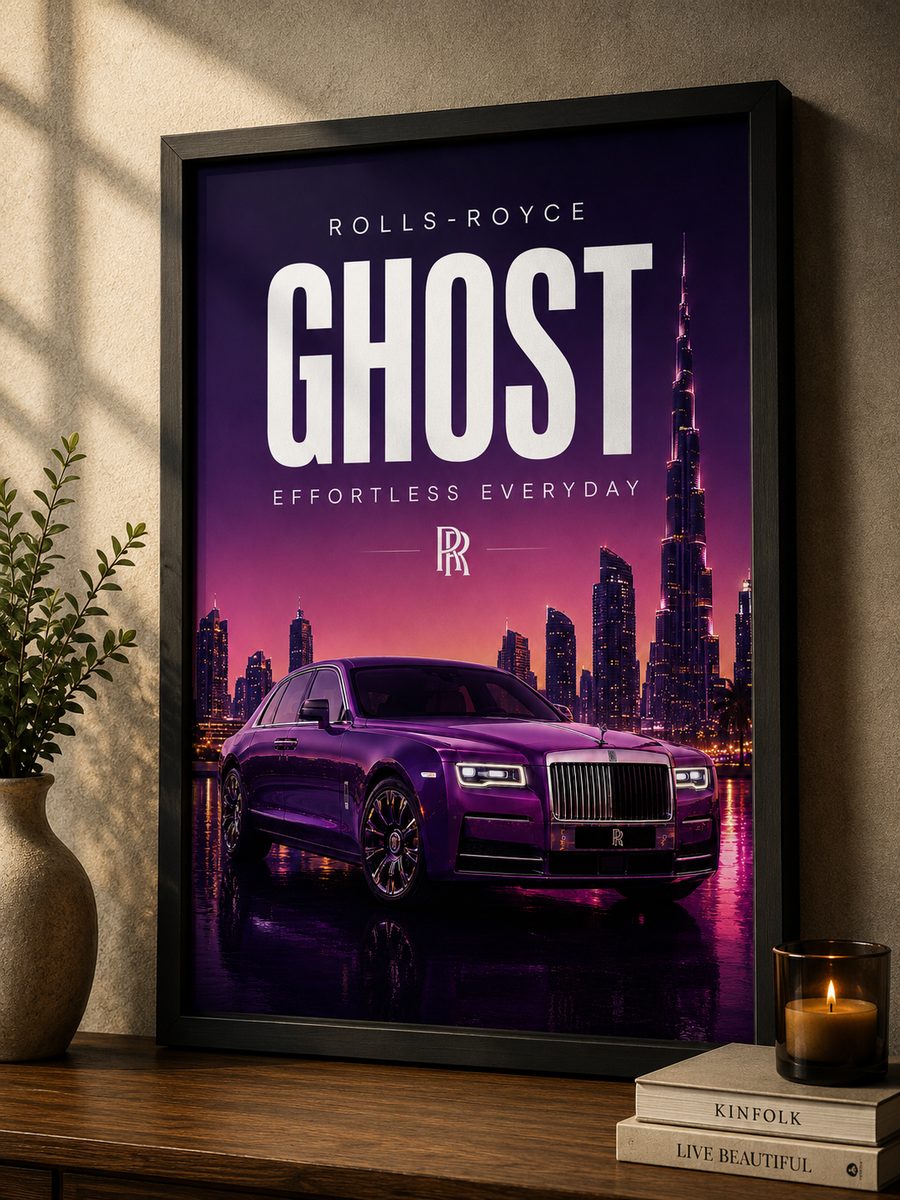 Rolls-Royce Ghost Canvas Poster – Effortless Everyday Luxury Sedan Dubai Skyline Wall Art