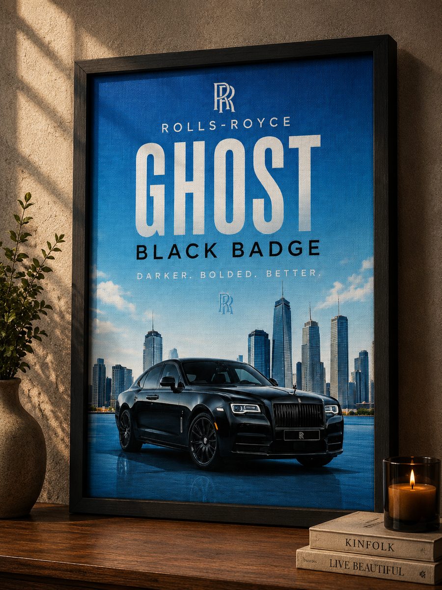 Rolls-Royce Ghost Black Badge Canvas Poster – Darker Bolded Better Luxury Sedan Skyline Wall Art