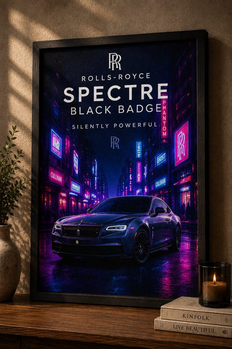 Rolls-Royce Spectre Black Badge Canvas Poster – Silently Powerful Luxury EV Tokyo Cyberpunk Wall Art