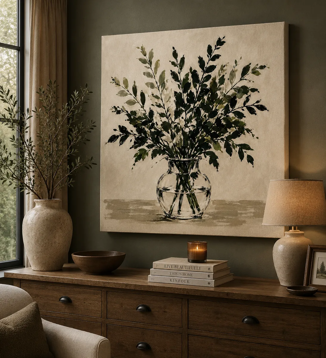 Botanical Branches in Glass Vase Art – Modern Olive Green Brushstroke Print