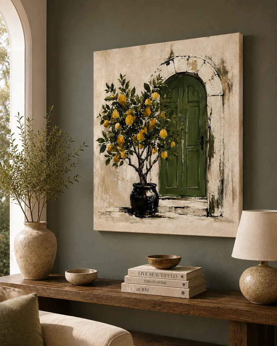 Mediterranean Courtyard Lemon Tree Canvas Art – Amalfi Olive & Yellow
