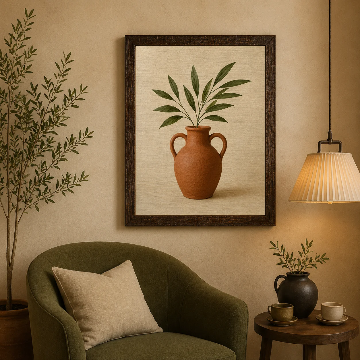 Minimalist Terracotta Amphora Vase with Green Leaves Canvas Print - Earthy Botanical Still Life Wall Art