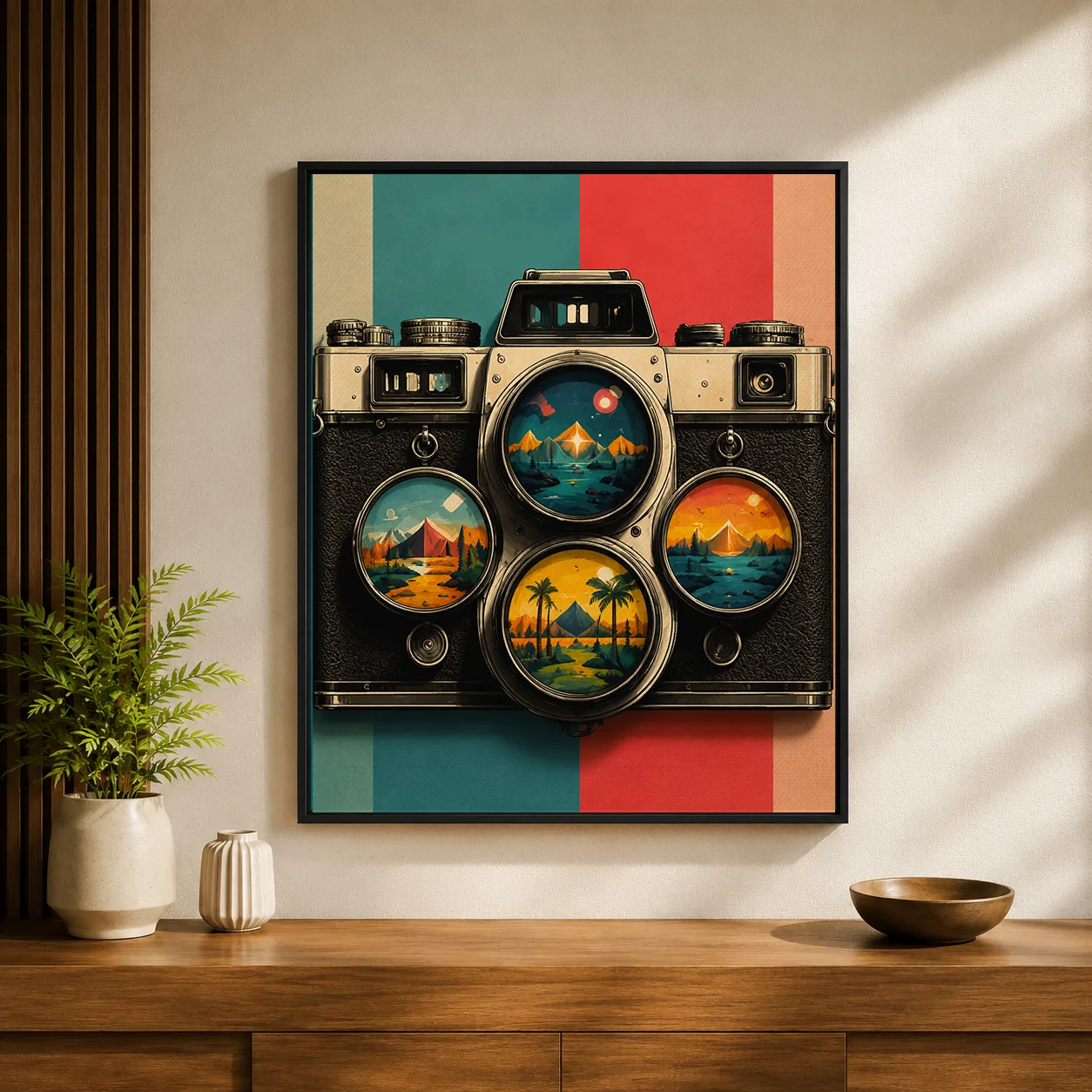 Retro Vintage Camera Landscape Canvas Print - Surreal Multi-Lens Wall Art