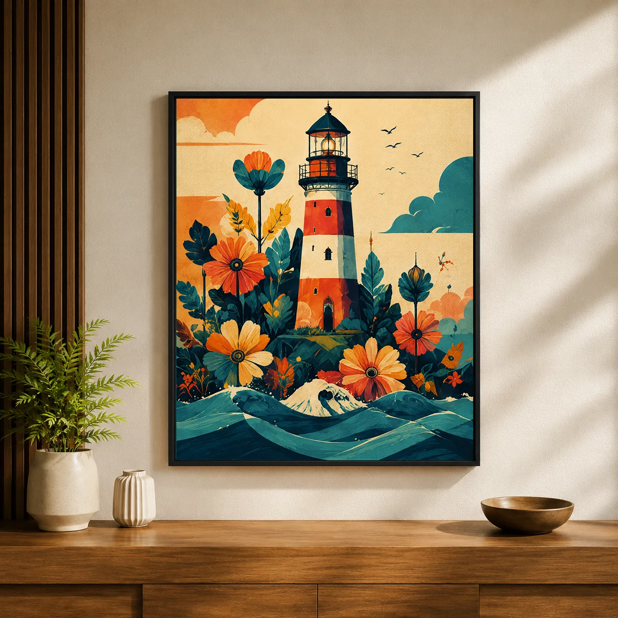 Retro Floral Lighthouse Canvas Print - Vintage Coastal Ocean Waves Wall Art