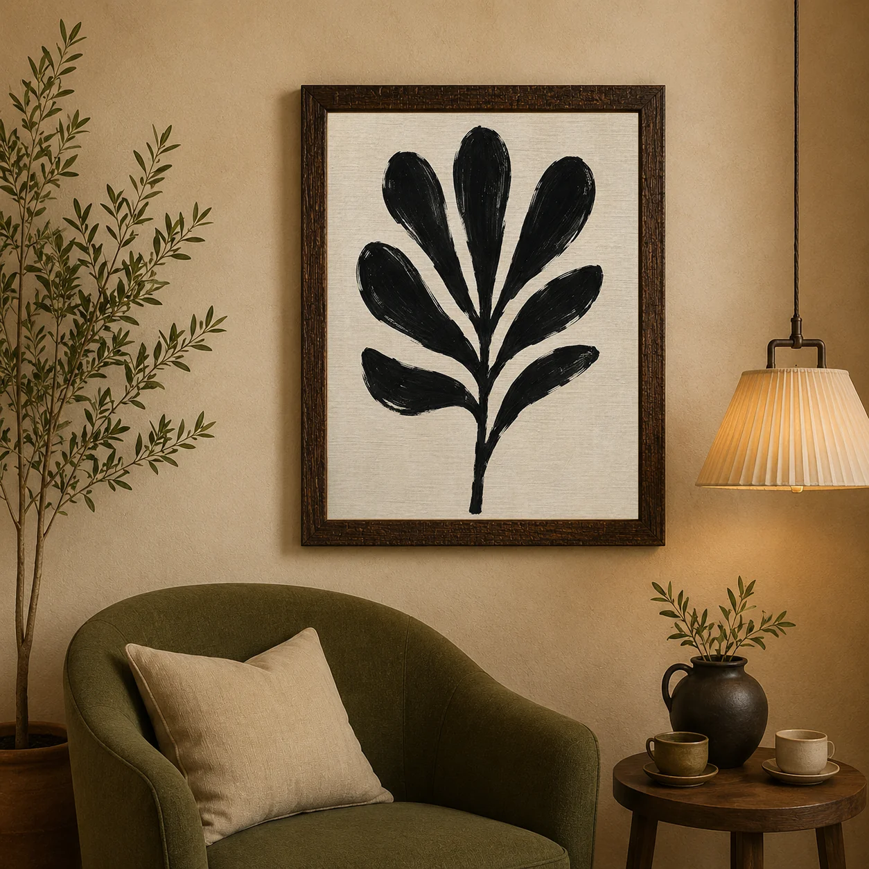 Minimalist Black Palm Leaf Canvas Print - Neutral Beige Abstract Botanical Wall Art