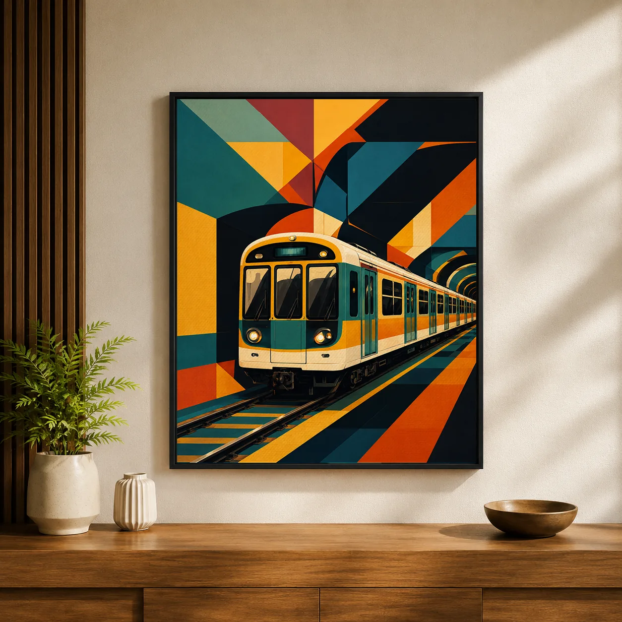 Retro Metro Train Canvas Print - Geometric Tunnel Subway Wall Art