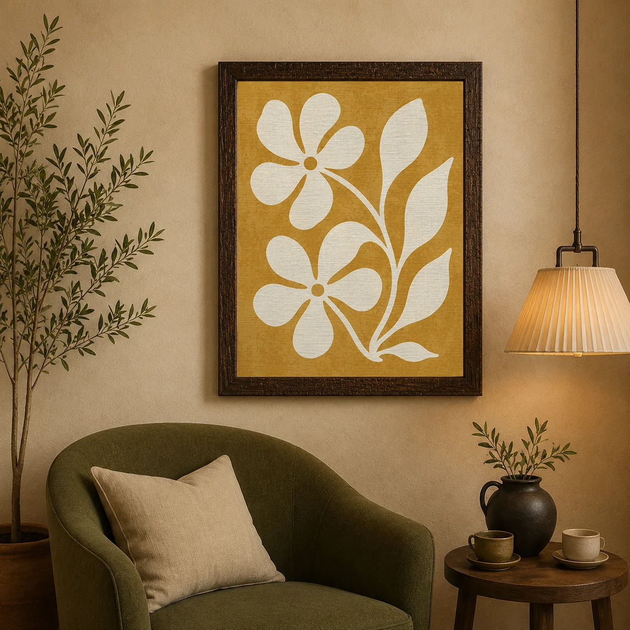 Retro Mustard Yellow Abstract Floral Canvas Print - Off-White Boho Flower Wall Art