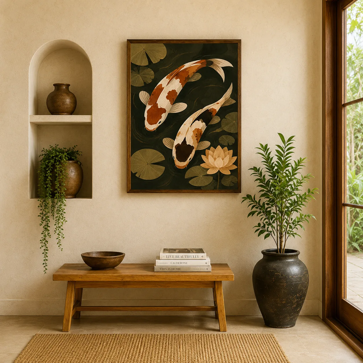 Japanese Koi Fish & Water Lily Canvas Print - Terracotta & Ochre Pond Boho Wall Art