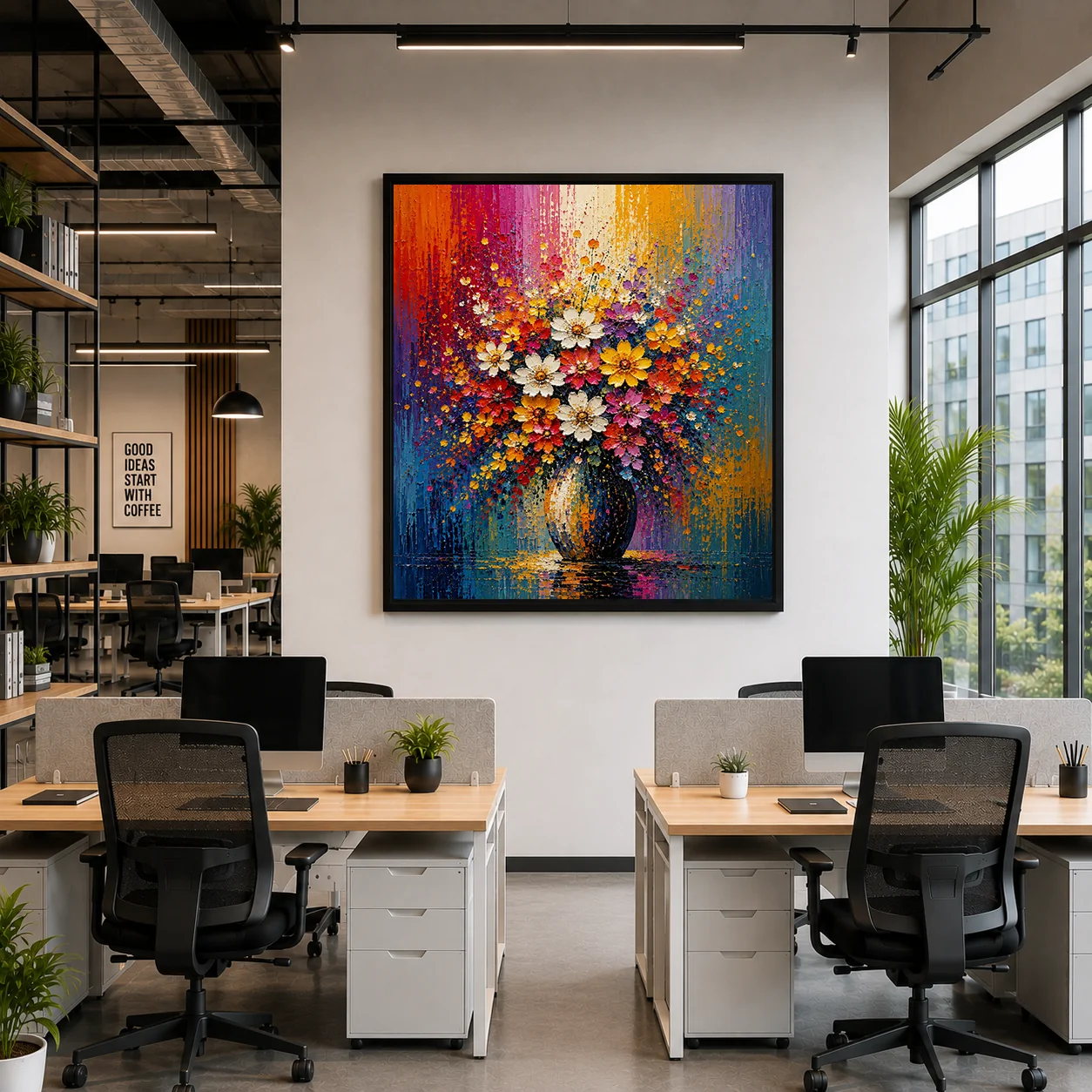 Floral Bouquet in Vase Color Maximal Canvas Print - Retro Impasto Still Life Wall Art