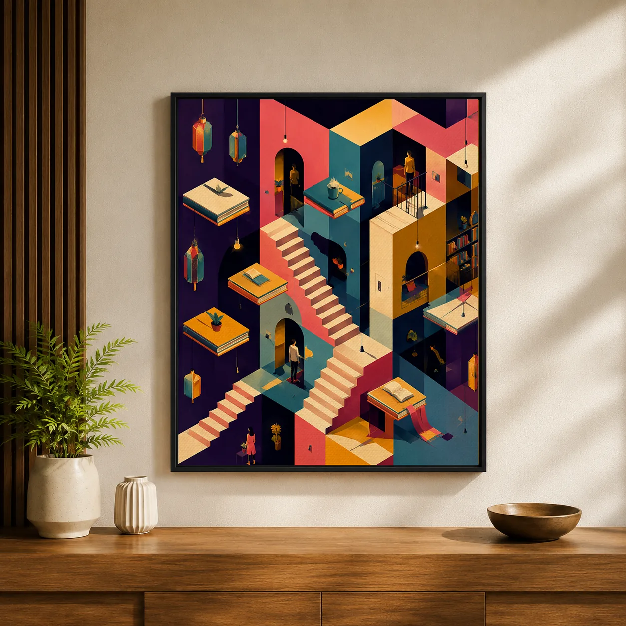 Retro Surreal Library Canvas Print - Geometric Optical Illusion Book Wall Art