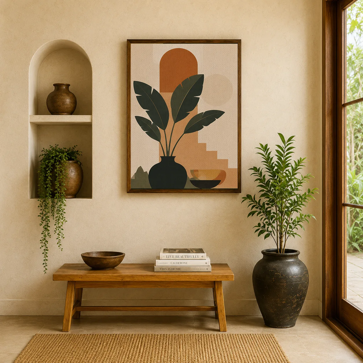 Minimalist Tropical Plant in Vase Canvas Print - Terracotta Arch & Palm Leaf Boho Wall Art