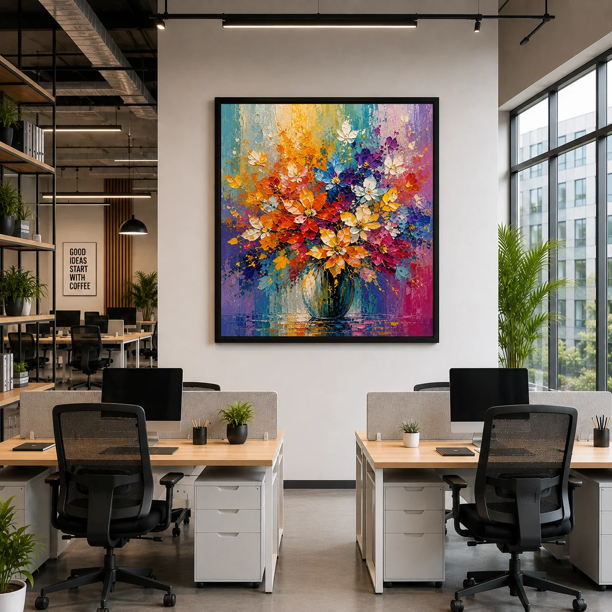 Vibrant Wildflower Bouquet in Vase Color Maximal Canvas Print - Retro Impasto Still Life Wall Art