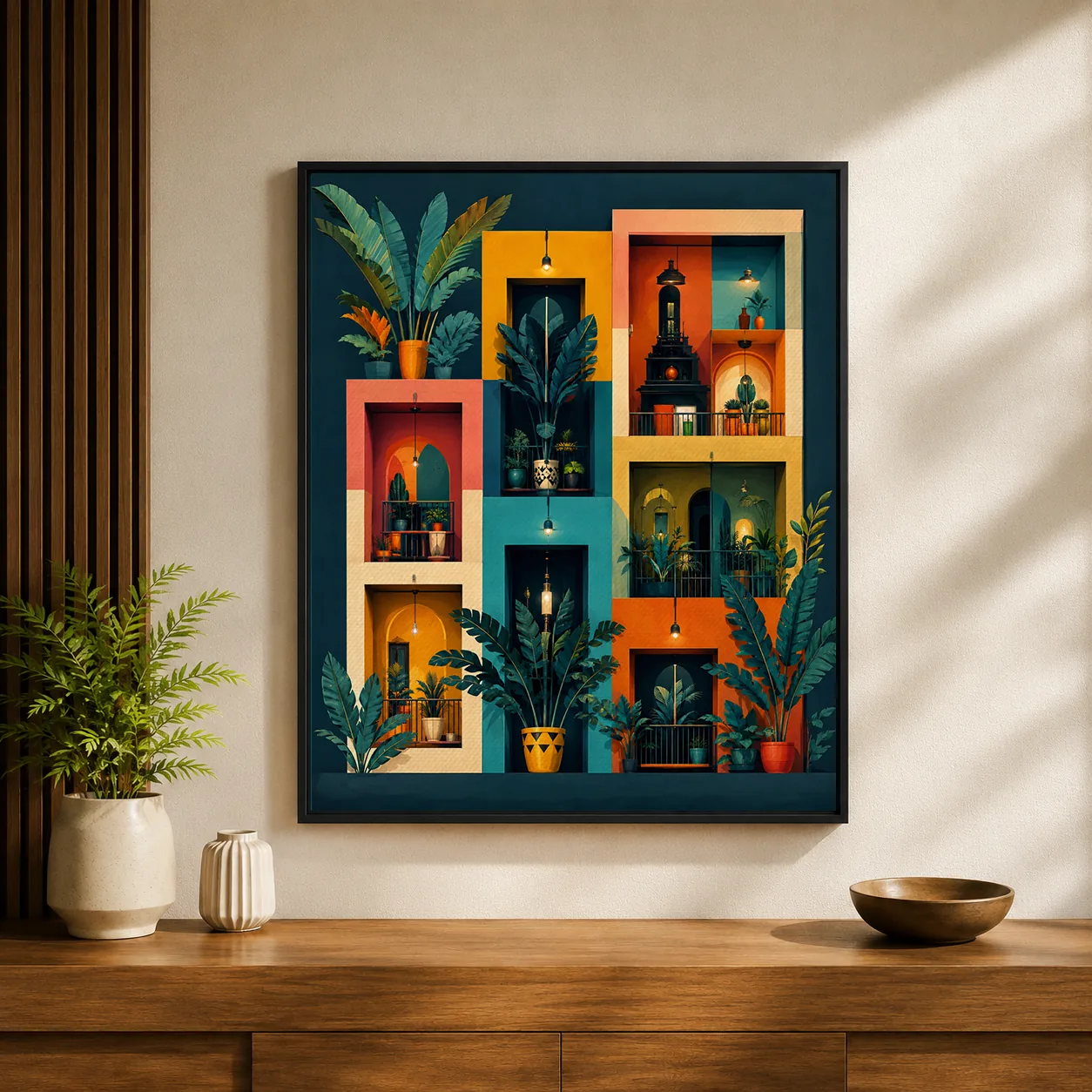 Retro Geometric Balcony Canvas Print - Mid-Century Tropical Architecture Wall Art