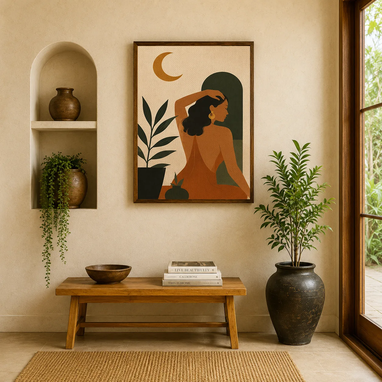 Minimalist Woman & Crescent Moon Canvas Print - Terracotta & Olive Green Boho Wall Art