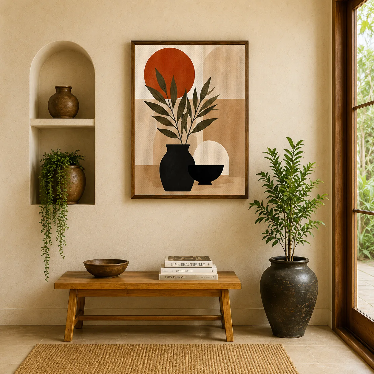 Minimalist Botanical Vase & Terracotta Sun Canvas Print - Olive Green Leaf & Black Ceramic Still Life Boho Wall Art