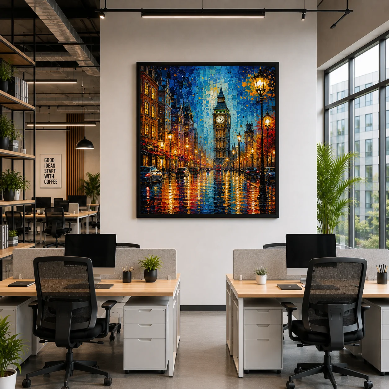 London Big Ben Street Scene Color Maximal Canvas Print - Retro Impasto Cityscape Wall Art