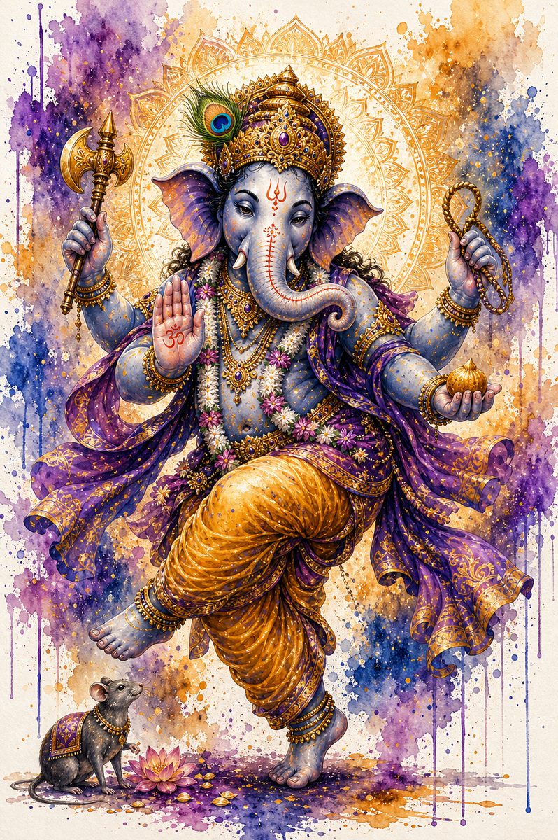 Dancing Lord Ganesha – Vibrant Watercolor Spiritual Art Print - Image 3