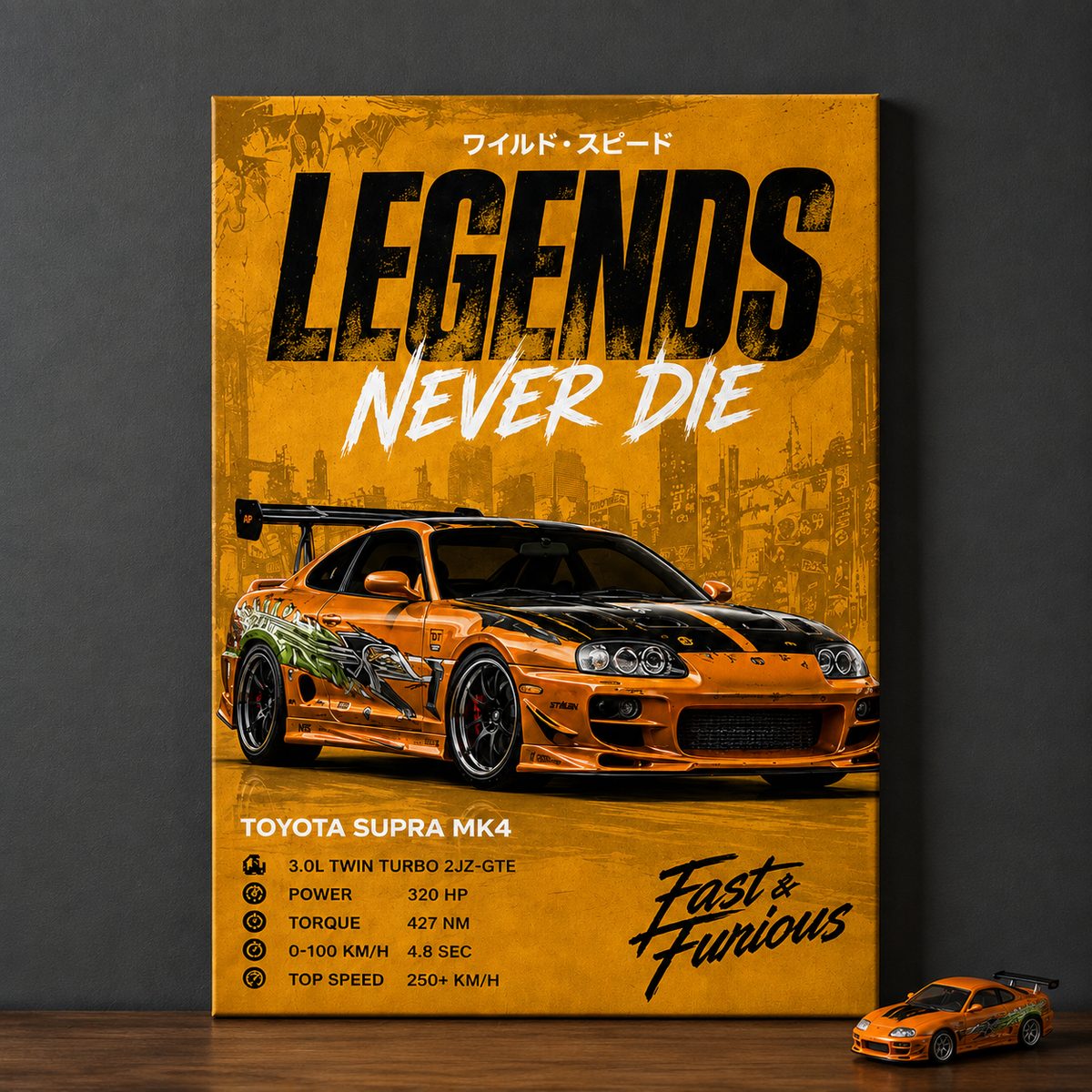 Toyota Supra MK4 JDM Wall Art – Fast & Furious Orange Legends Never Die Canvas - Image 3