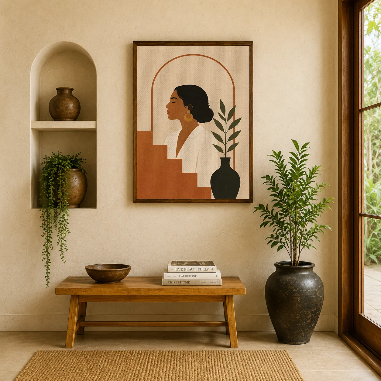 Minimalist Woman Portrait Canvas Print - Terracotta Arch & Botanical Vase Boho Wall Art