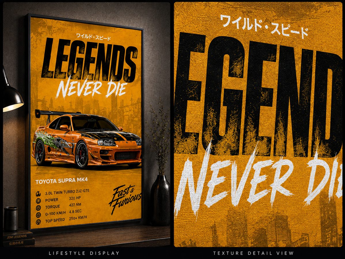 Toyota Supra MK4 JDM Wall Art – Fast & Furious Orange Legends Never Die Canvas - Image 2