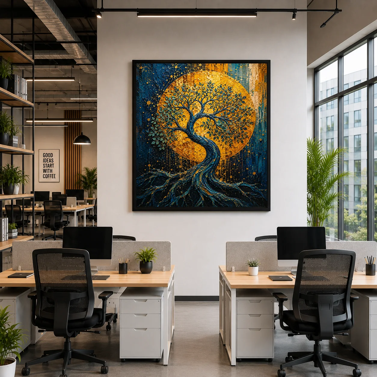 Tree of Life Golden Moon Celestial Canvas Print - Retro Impasto Nature Wall Art